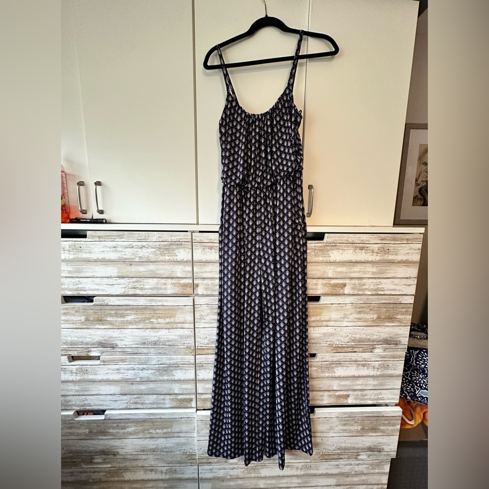 💙 Kaileigh Navy Print Wide Leg Jumpsuit Small Boho Sleeveless